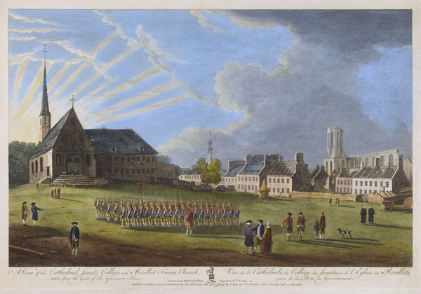 Original title:  MIKAN 2877424 MIKAN 2877424: A View of the Cathedral, Jesuits College, and Recollet Friars Church. Vue de la Cathédrale, du Collège des Jésuites, et de l&#39;Eglise des Recollets,. September 1, 1761. (with inscription) [96 KB, 600 X 420]