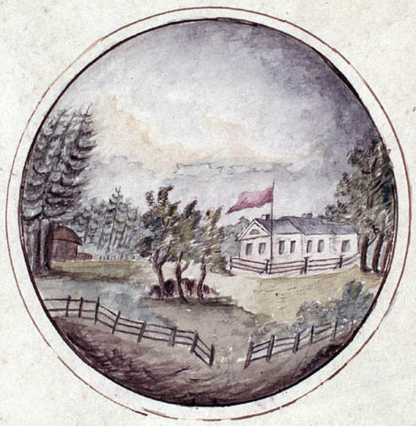 Titre original :  Castle Frederick, in Falmouth Township, Hant's Co., Nova Scotia. / Le château Frederick, dans le canton de Falmouth, Hants (Nouvelle-Écosse). 
Credit: Library and Archives Canada, Acc. No. 1959-004-1.
1 watercolour / aquarelle. Artist: Des Barres, Joseph F. W. (Joseph Frederick Wallet), 1722-1824.