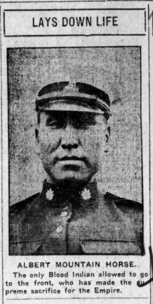 Original title:  Albert Mountain Horse. From the Calgary Herald, Calgary, Alberta, Canada, 25 Nov 1915, p5.