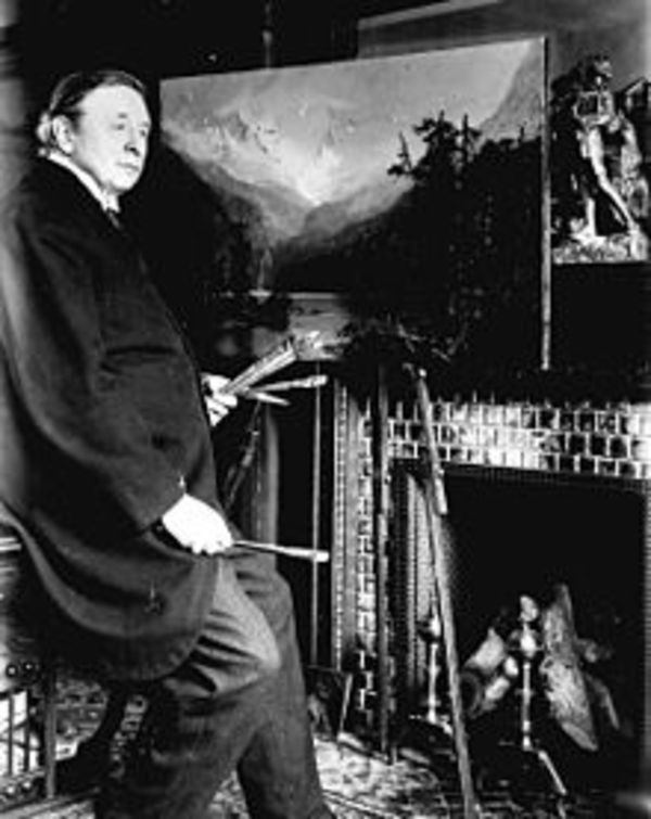 Original title:  Frederic Marlett Bell-Smith, painting Lake Louise, c. 1908