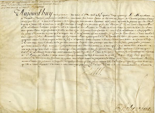 Original title:  Patent confirming a concession in Canada by the King to René-Louis Chartier de Lotbinière, April 15, 1694.
Louis XIV, roi de France - blogues.banq.qc.ca - *
Brevet de confirmation d’une concession en Canada par le Roi à René-Louis Chartier de Lotbinière, 15 avril 1694. 
« BAnQ a récemment acquis un document signé de la main du roi Louis XIV qui s’ajoute aux rares documents de cette époque. Il s’agit de la confirmation de la concession faite « en Canada » à René-Louis Chartier des terres qui formeront la seigneurie de Lotbinière. » – BAnQ 