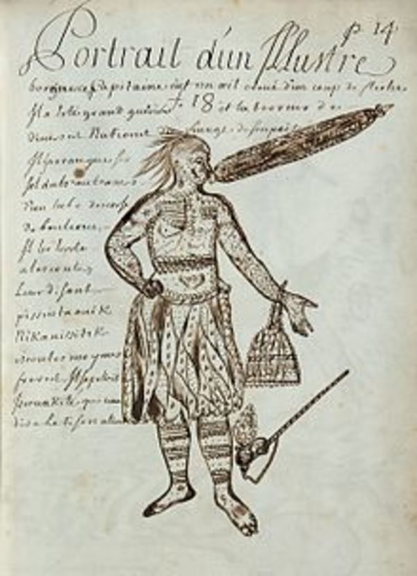 Original title:  Tessouat - Wikipedia

Codex canadensis
Louis Nicolas (1634 - ca. 1682) - http://www.collectionscanada.gc.ca/codex/026014-1100-f.html
Portrait of a famous one-eyed man. This captain had one eye put out by an arrow. He was a great warrior and was the terror of many surrounding nations. He is addressing his soldiers through a birch bark tube. He urges them to pay attention to him, saying: Pissintaouik nikanissitik, Listen to me, my brothers. He was called Iscouakité, which means “burning firebrand.” 