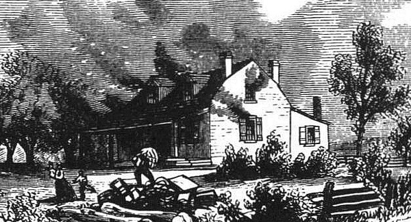 Titre original :  'Joseph Willcocks band of American and pro-American Canadians living in Upper Canada engaged in widespread looting and burning farmhouses (public domain).'