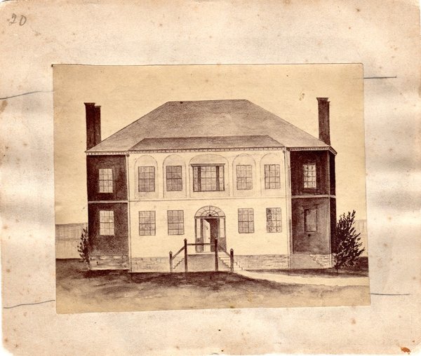 Original title:  Black and white sketch of the Court House, Niagara-on-the-Lake. Sketch shows the front of the building. 
Courtesy of the Niagara-on-the-Lake Museum.