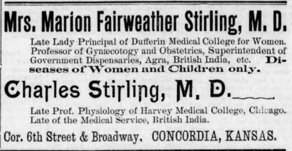 Titre original :  Advertisement for Mrs. Marion Fairweather Stirling, M.D. 
From: The Concordia Daylight (Concordia, Kansas), Thursday, August 17, 1899, page 5.