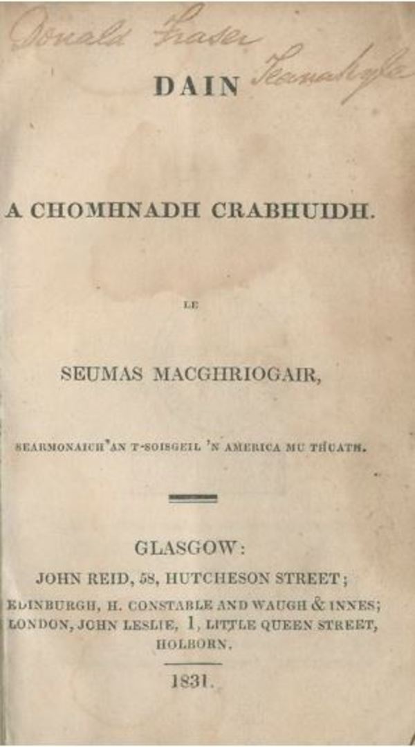 Titre original :  Title page of DAIN A CHOMHNADH CRABHUIDH - SEUMAS MACGHRIOGAIR.

Source: https://digital.nls.uk/rare-items-in-gaelic/archive/109773371?mode=transcription (National Library of Scotland)