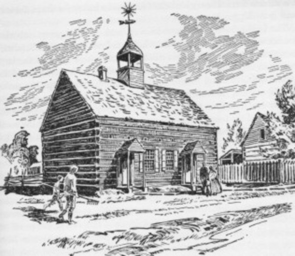 Titre original :  The Indian church at New Fairfield (Built 1827). From a drawing by L.F. Kampmann, 1842, in Moravian Archives. 