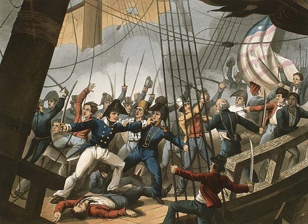 Original title:  Boarding and taking the American Ship Chesapeake by the Officers and Crew of H.M. Ship Shannon commanded by Capt. Broke, June 1813 [Abordage et capture du navire américain Chesapeake par les officiers et l'équipage du HMS Shannon commandé par le capitaine Broke, juin 1813]. 