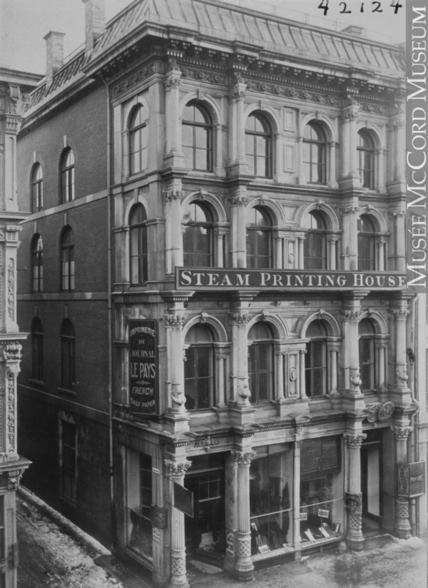 Titre original :  Photograph Louis Perrault & Co Printers, St. James Street, Montreal, QC, 1869-70 William Notman (1826-1891) 1869-1870, 19th century Silver salts on paper mounted on paper - Albumen process 17.8 x 12.7 cm Purchase from Associated Screen News Ltd. I-42124.1 © McCord Museum Keywords:  Architecture (8646) , commercial (1771) , Photograph (77678)