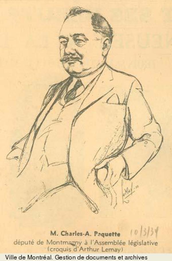 Titre original :  Charles-Abraham Paquet., BM1,S5,P1647; 1934.; 1 document iconographique collé sur un carton. Homme d'affaires et homme politique, né le 28 mars 1868 à Québec, fils de Jean-Pierre-Célestin Paquet, cultivateur, marchand et industriel, et de Marie-Louise Noël ; a épousé le 5 juillet 1892, à Québec, dans la paroisse Saint-Roch, Mathilda Cloutier, fille de Wenceslas Cloutier et de Mathilde Rouleau, puis le 28 janvier 1918, à Québec, dans la paroisse Saint-Jean-Baptiste, Marie-Jeanne Langlais, fille de Pierre Langlais et d'Olympe Doré ; décédé le 8 octobre 1936, à Québec, dans la paroisse Notre-Dame-du-Chemin, inhumé à Sainte-Foy, dans le cimetière Notre-Dame-de-Belmont, le 12 octobre 1936 (tiré des pages web Les parlementaires depuis 1792 de l'Assemblée nationale du Québec).