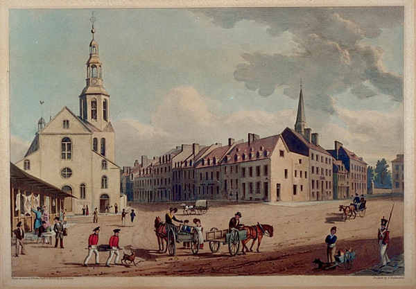 Original title:  Québec, Bas-Canada. Vue du marché et de l'église catholique depuis les casernes, rue de la Fabrique.